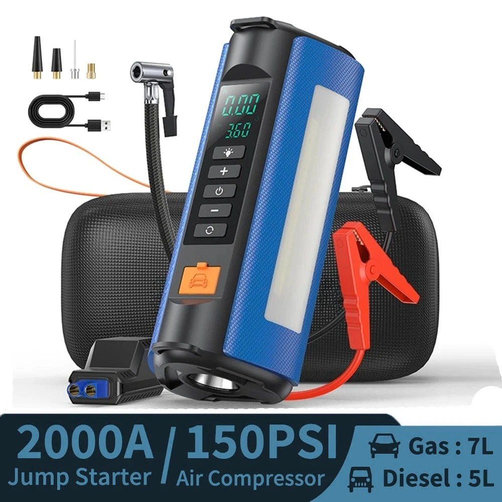 

4 In 1 Jump Starter Power Bank with 150PSI Air Compressor 2000A Battery Booster Electric Pump Portable Air Pump For Inflatables