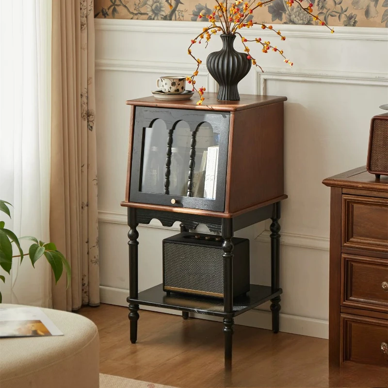 Retro solid wood edge sofa side cabinet double-layer storage display living room storage cabinet