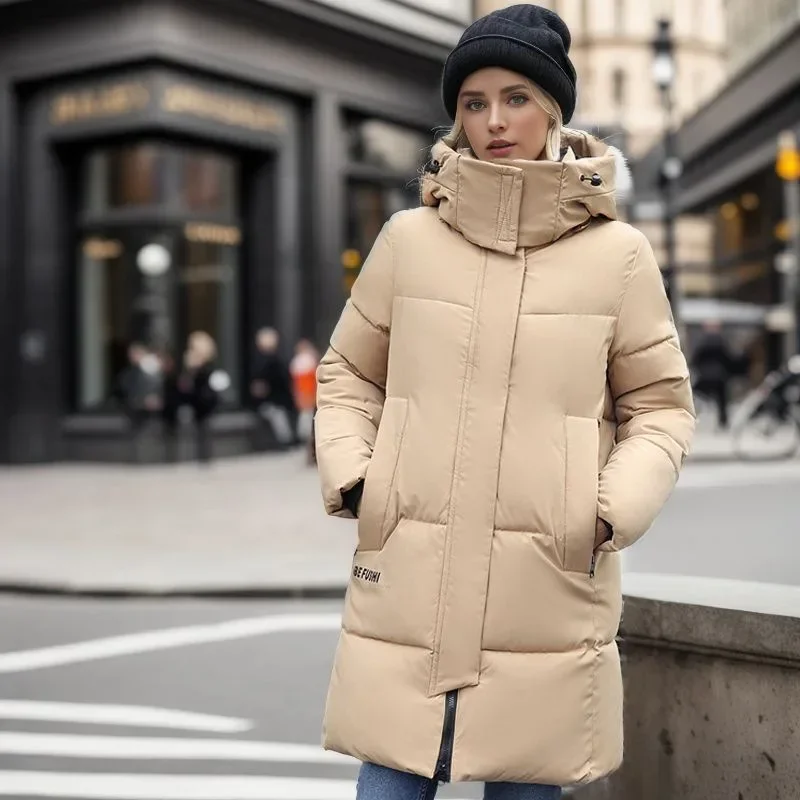 Jaqueta de algodão de baixo longo feminina, Parka com capuz, Zíper, roupa de neve casual solta, casaco extragrande, monocromático, quente, moda