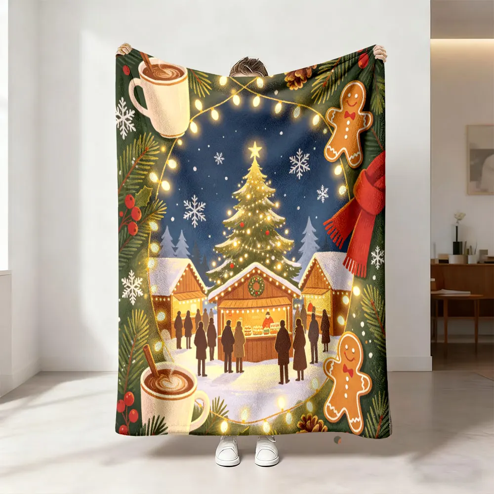 1pc Christmas market night view flannel blanket flannel blanket for leisure sofas a blanket for taking a nap during breaks