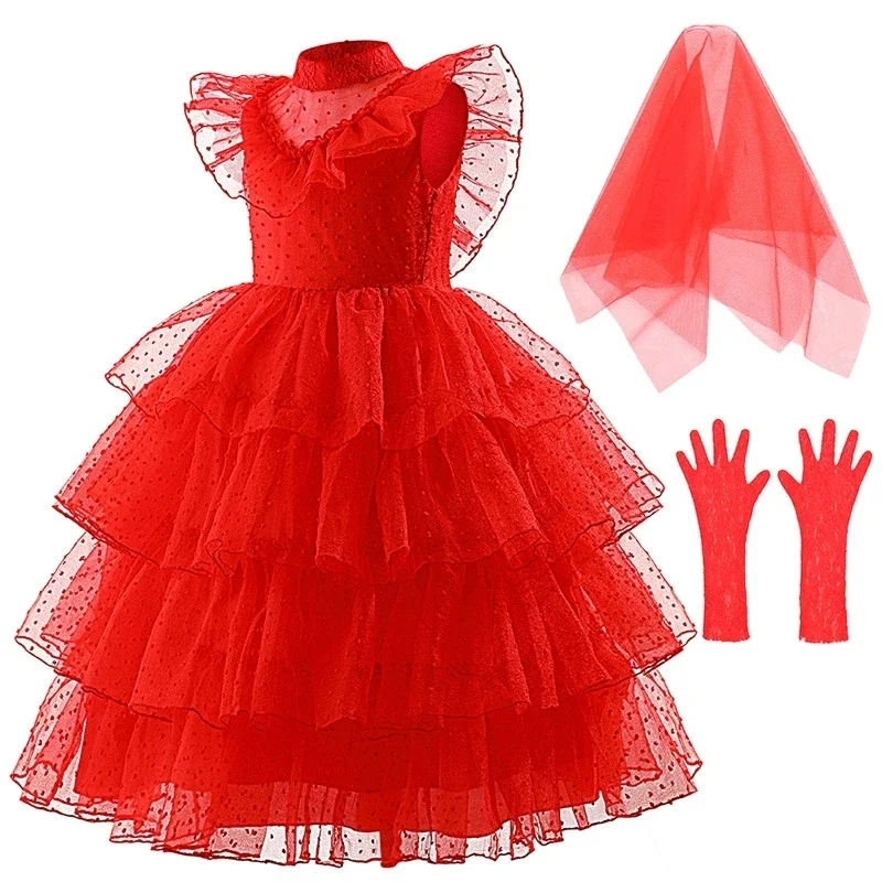 Lydia Deetz Costume Kids Red Wedding Dress Horror Ghost Bride Girls Halloween Costume Cosplay Dress