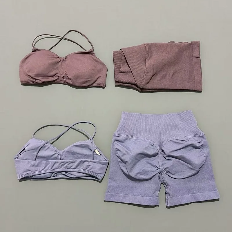 2 قطعة رؤية الصالة الرياضية مجموعة النساء اليوغا المحاصيل الأعلى عالية الخصر Scrunch سلس السراويل حمالة صدر رياضية الرياضة البدلة الرياضية تجريب مجموعة