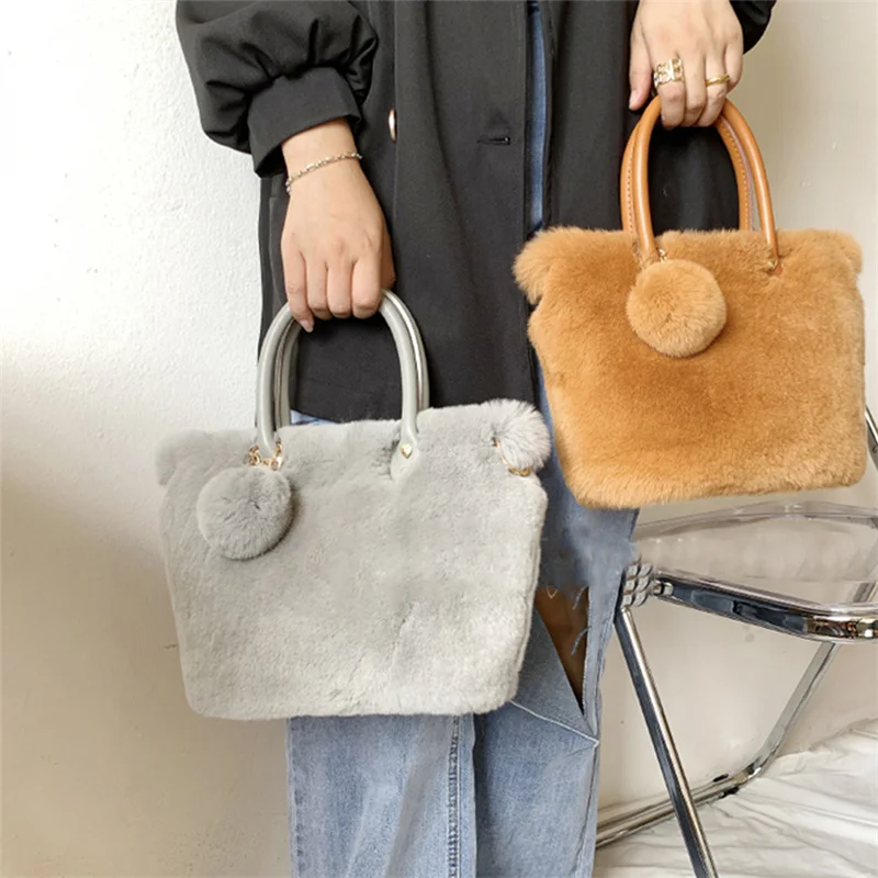 Simple Design Female Rex Rabbit Fur Tramp Shoulder Bag Winter Furry Women's Tote Handbag Fashionable Women's Underarm Bag