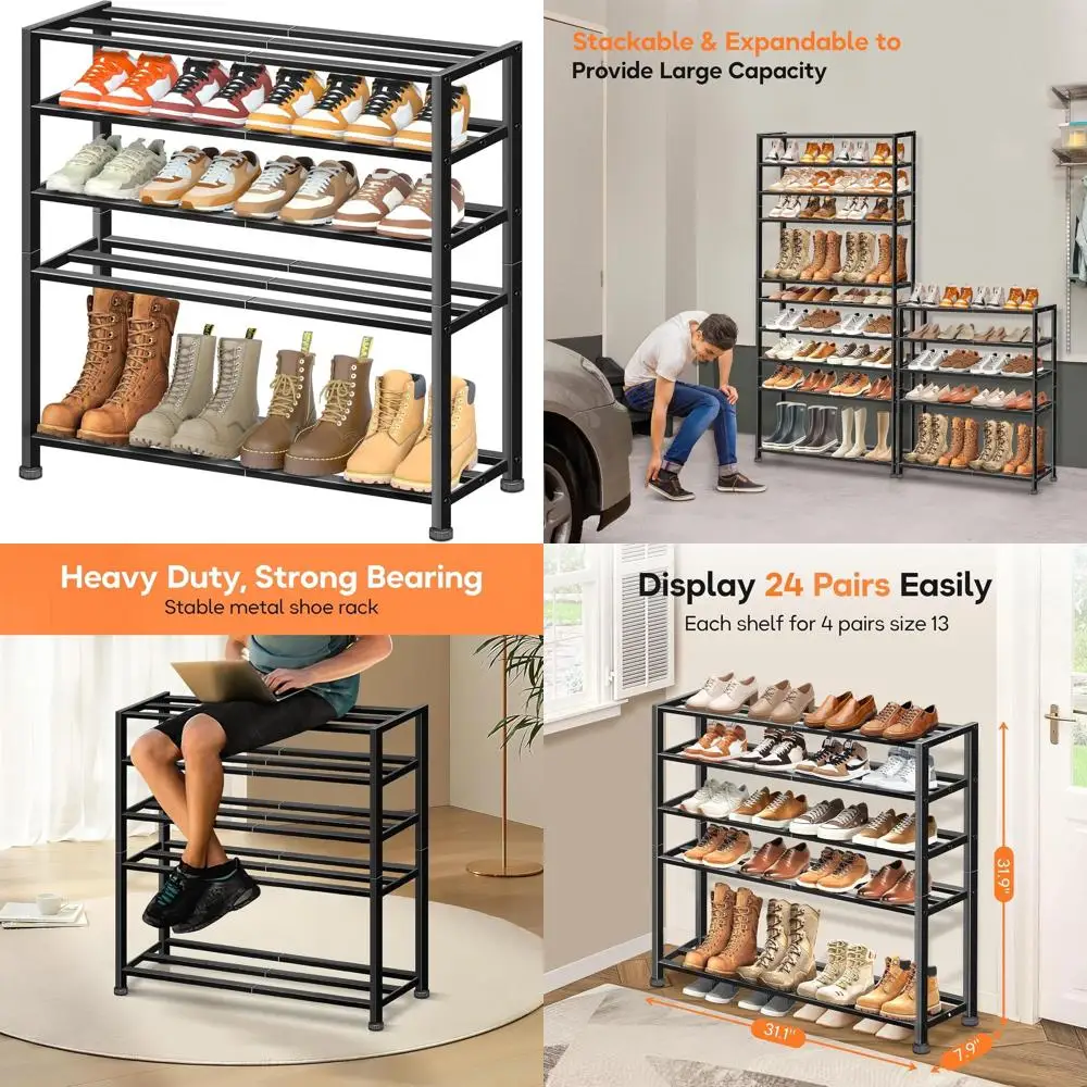 5-Tier Heavy-Duty Shoe Rack for Entryway, Stackable Organizer for 25 Pairs, Metal Storage for Men's Boots, Shoes, and Closets (B