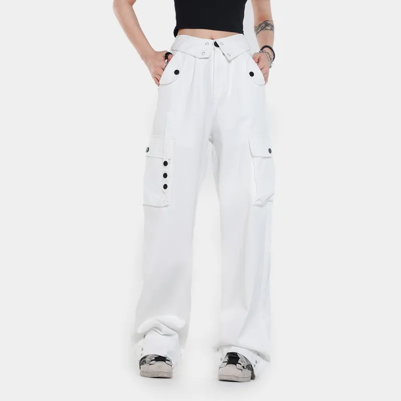 OR FL American Retro Wash And Age 100 Cotton Women Cargo Trousers Trendy Brand Design Sense Small Lapel High Waist Look Slacks