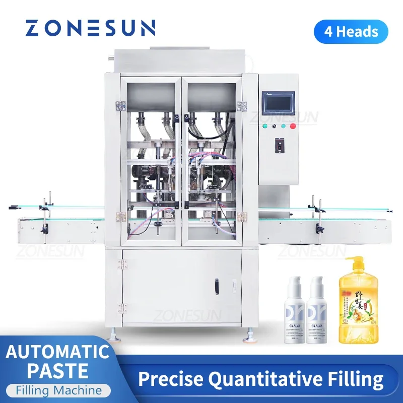 Paste Filling Machine Automatic 4 Heads Servo Motor Piston Pump Cosmetic Peanut Butter Sauce Thick Liquid ZS-SV4P ZONESUN