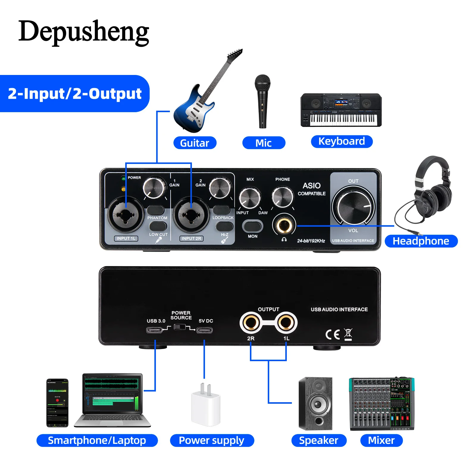 MQ22/44 ASIO Audio Professionelle Soundkarte 2/4-Kanal USB-Audio-Interface für Live-Aufnahmen – Detail 12