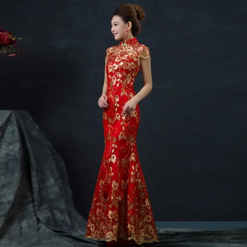 red and gold cheongsam dress Red Sequin Qipao with Gold Flowers