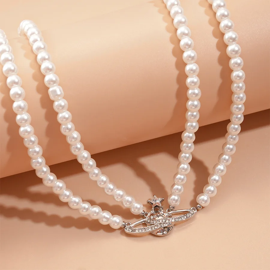 ضوء فاخر اللؤلؤ الماس زحل مزدوج الترقوة قلادة عالية الشعور المتخصصة تصميم مزاجه قلادة المرأة