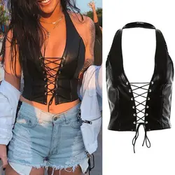 Feminino punk sem mangas colheita topo halter sem couro falso rendas oco colete dropship