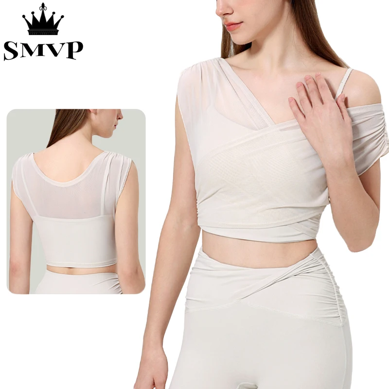 

Smvp mesh fake two-piece sports top with chest pad, yoga clothes, vest, sexy breathable fitness bra, T-shirt, women's clothing