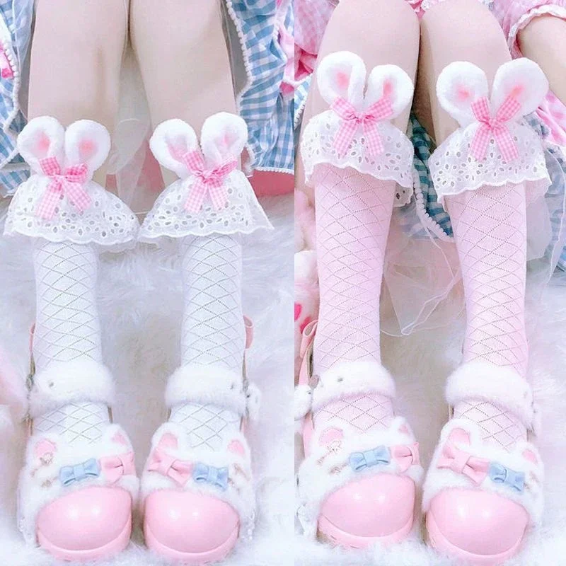 Japanese Lolita Solid Rabbit Ears Bowknot Strippy Lace Thermal Socks Women Christmas Gifts Kawai Trendy Cosplay Socks for Girls