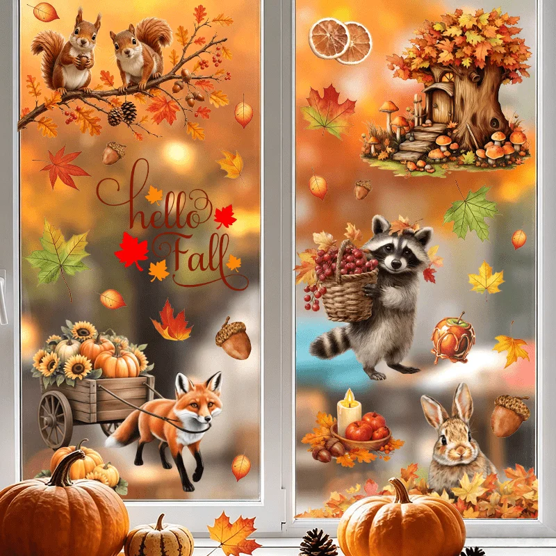 4pcs Autumn Window Sticker,suitable for cabinet,glass doors,windows and wall decor,holiday decoration,freely DIY combination