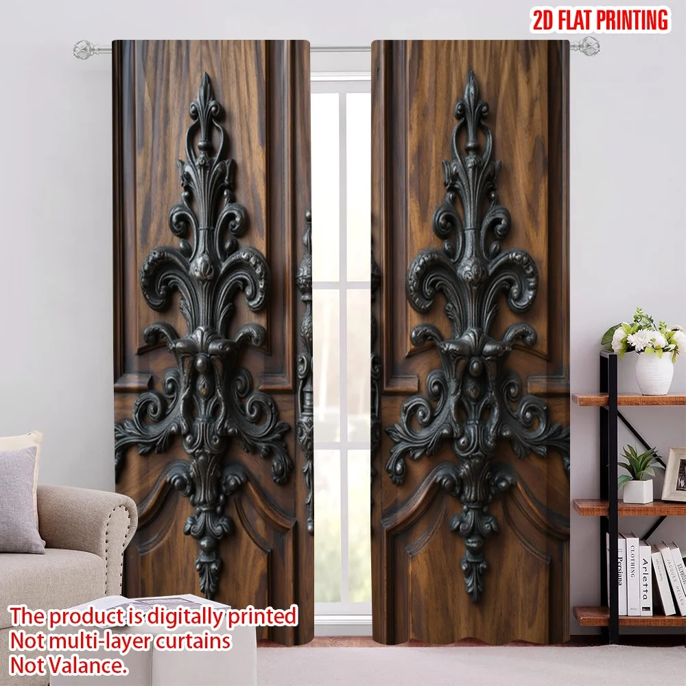 

2pcs 2D flat printing Window Drapes Wooden Look Durable 100% Polyester Fabric,Without Electricity Festive Backdrops Perfect for