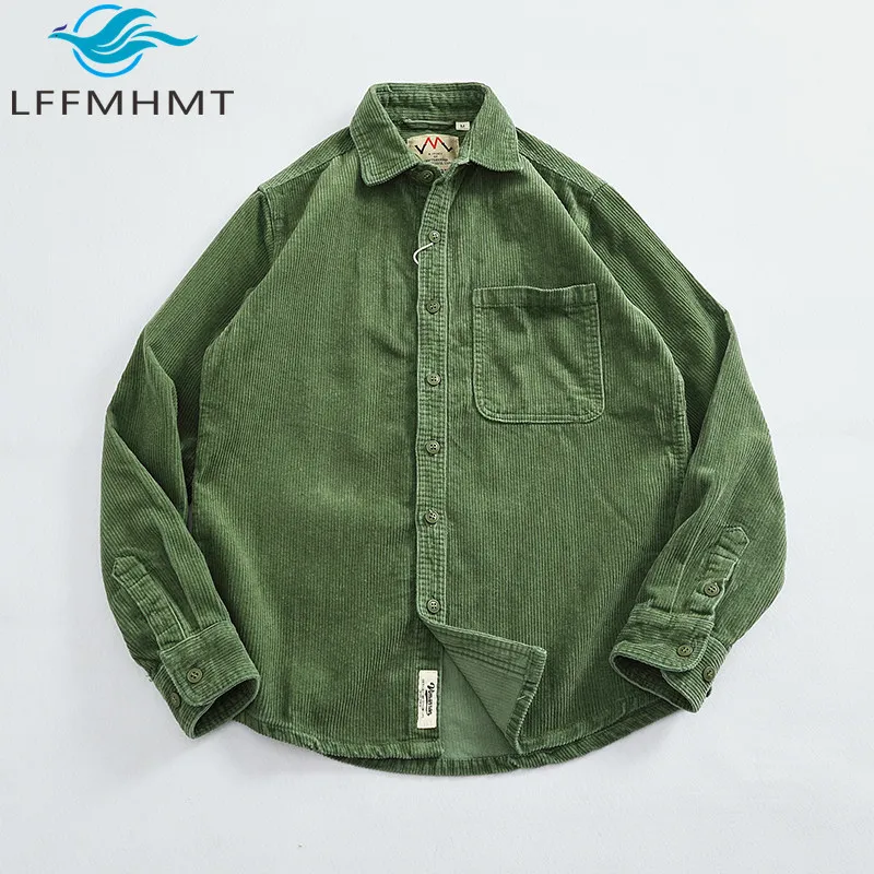 Autumn Fashion Men's Heavyweight Thick Wide Wale Striped Corduroy Shirt 100% Cotton Long Sleeve Casual Workwear Outerwear Coats