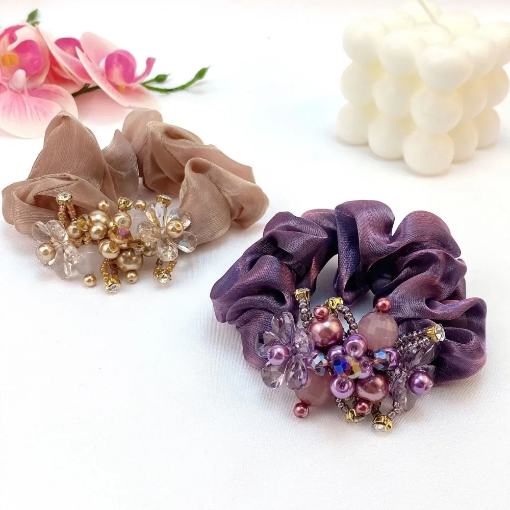 

High Elastic Organza Large Intestine Hair Ring Female Starry Pearl Hair Rope Ponytail Braid Headdress Flower Scrunchies 머리끈