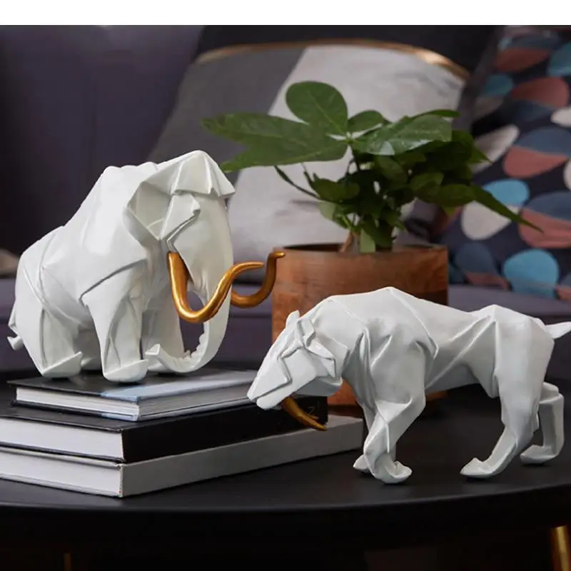 Simulation Animal Sculpture Mammoth Tiger Resin Crafts Furnishings Abstract Geometric Statue Modern Home Decoration