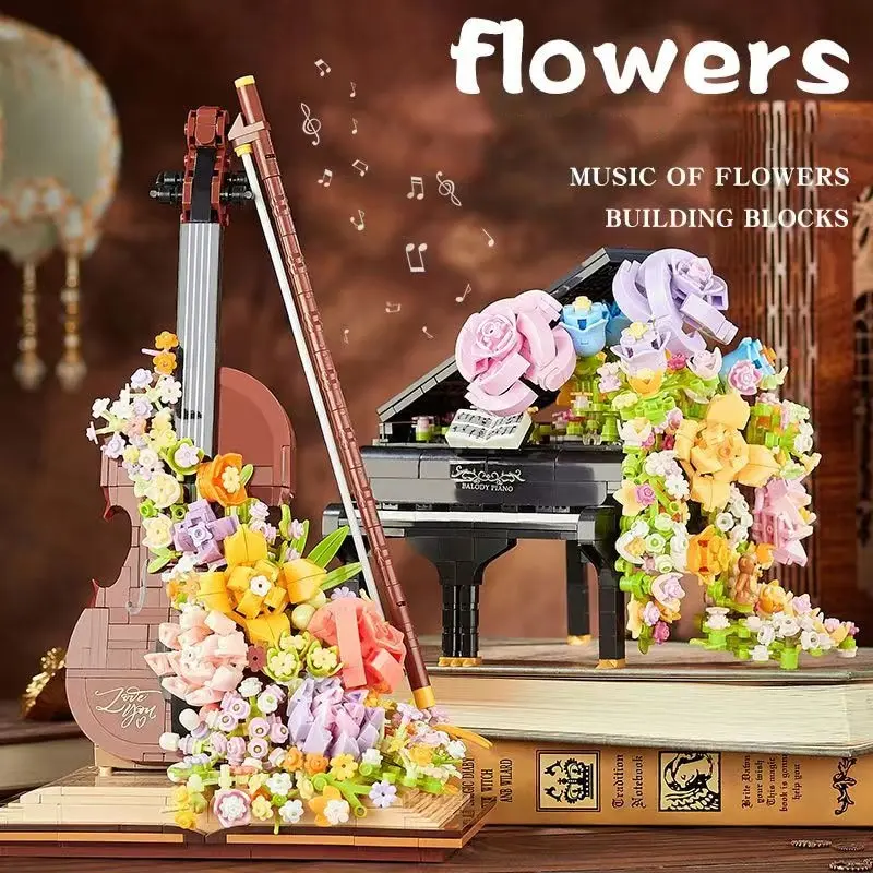 Mini Piano Violin Building Blocks Musical Instrument Preserved Flower Waterfall DIY Model Bricks Toys Children's Holiday Gifts