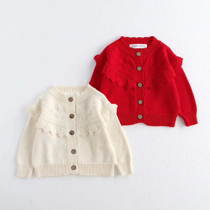 MiniAinis Autumn Winter Baby New Red Handmade Embroidery Sweater Girls Lotus Leaf Edge Knitted Jacket Girl Cotton Yarn Coat