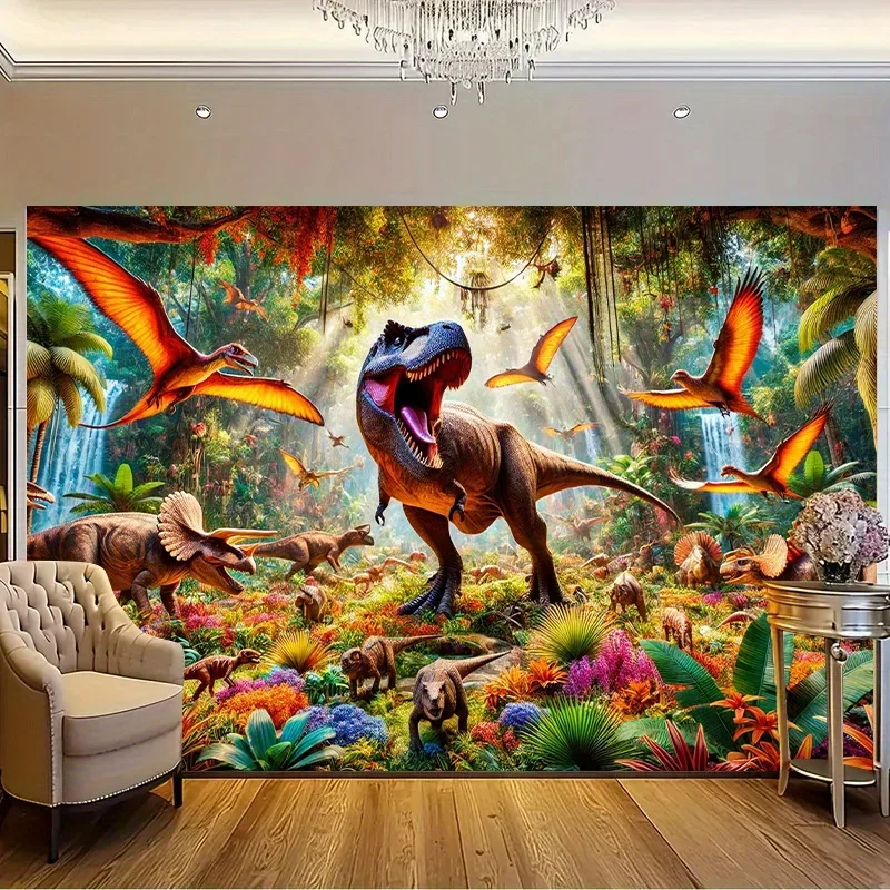 Vibrant Jurassic Jungle Scene Dinosaur Wall Mural Tapestry Tropical Rainforest Art Decor for Living Room Bedroom