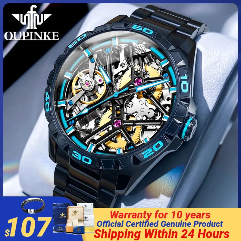 OUPINKE 3196 Official Genuine Watch Men Hollow out Deep Waterproof Luminous Sapphire Mirror Man Hand Clock Luxury