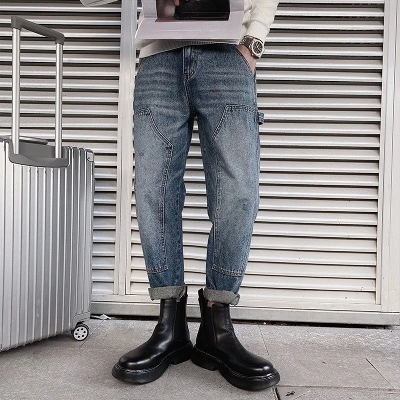 Men's Straight Wide Leg Jeans Tapered Cargo Pants Autumn Winter Fashion Cropped Trousers Streetwear Baggy Denim Pants