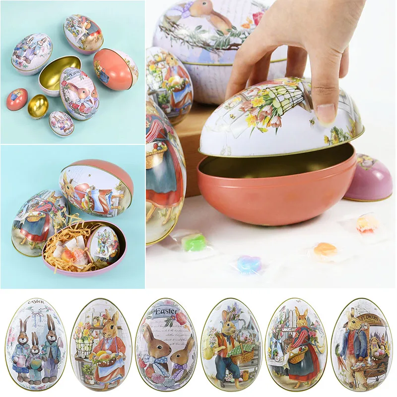 12/6cm Candy Box Metal Easter Eggs Easter Gift Boxes Cartoon Spring Bunny Rabbit Family Birthday Baby Shower Party Decorations