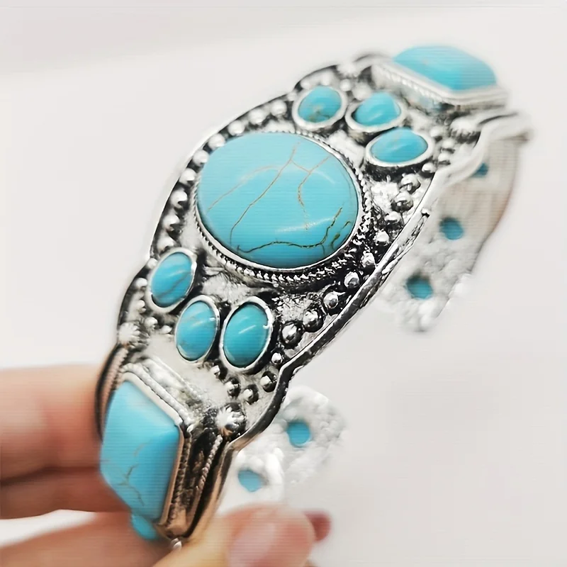 Women's Vintage Bohemian Jewelry Cuff Bracelet with Faux Turquoise Opening Adjustable Bracelet Holiday Party Accessories