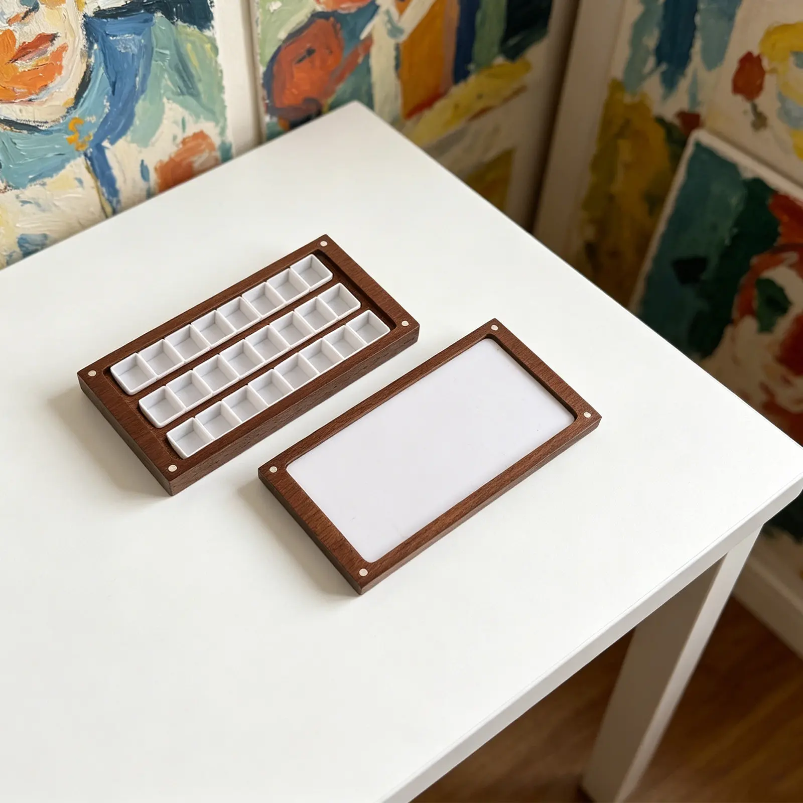 Wooden Watercolor Palette Box 24 Half Pans Paint Mixing Tray Magnet Cover Portable Watercolor Storage Case Pigment Organizer