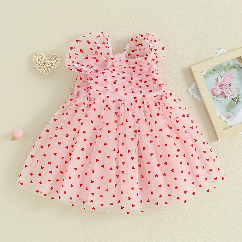 Princess Party Baby Girls Dress Valentine’s Day Clothes For Infant Short Puff Sleeve Heart Print Chiffon Mesh Tulle Kids Dress