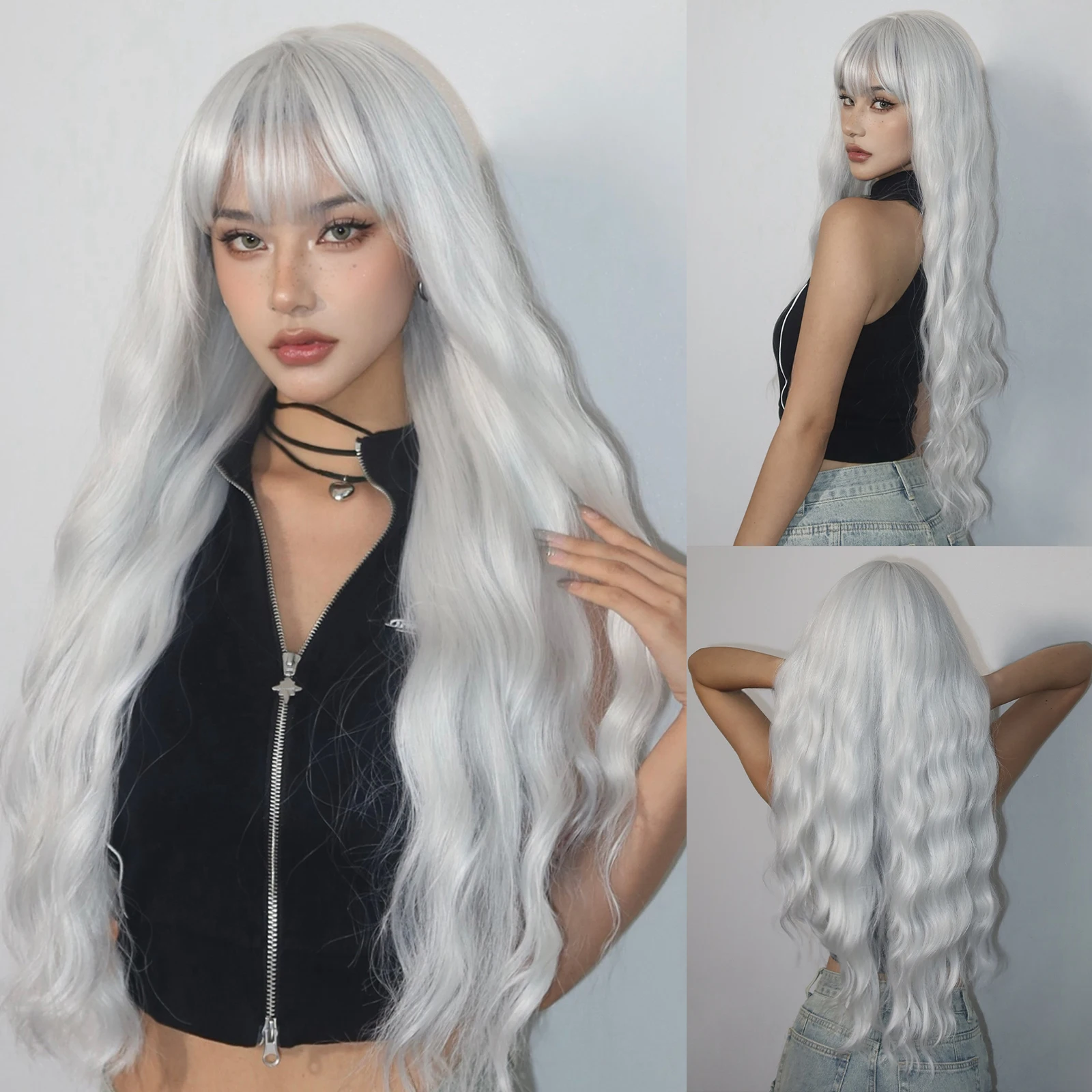 Gray Platinum Long Wavy Hair Wig with Bangs for Woman Korean Blonde Deep Wave Curly Synthetic Natural Wigs for Cosplay Lolita