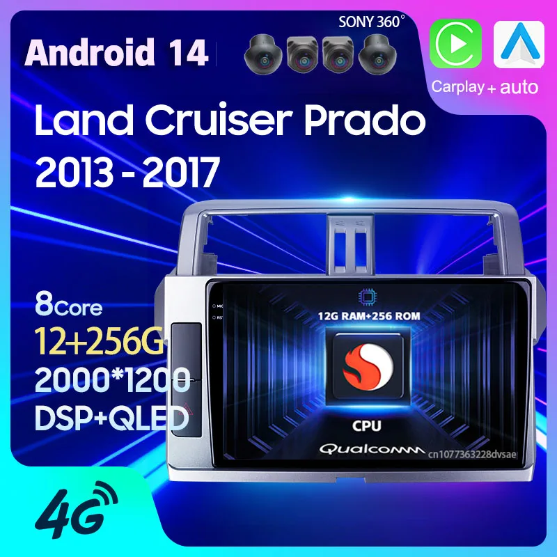 

Автомагнитола Carplay для Toyota Land Cruiser Prado 150 2013 - 2017 с Android 14, мультимедийный проигрыватель с камерой 360, 2 Din, видео, стерео