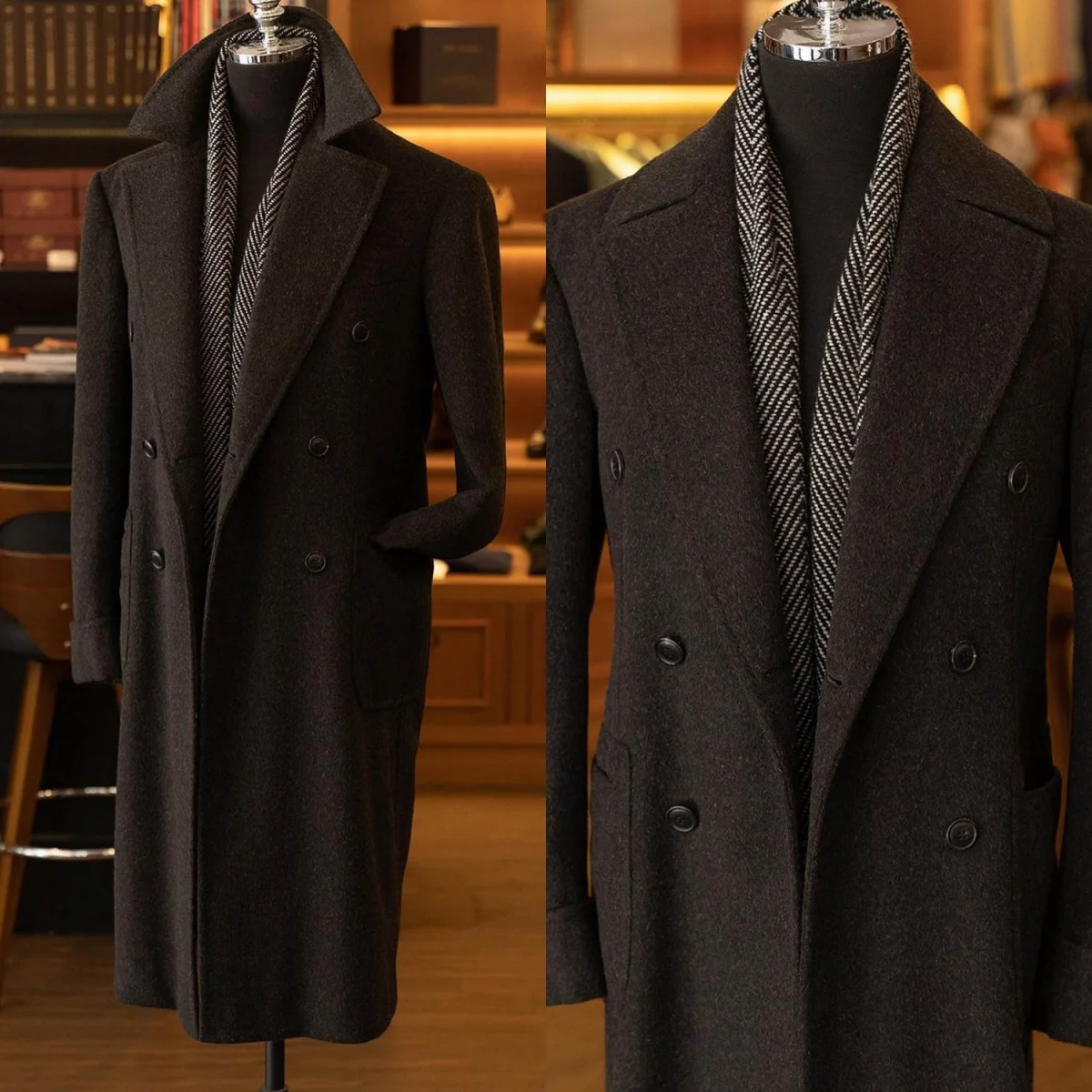 Manteau en mélange de laine noire personnalisé pour hommes, pardessus chaud d'hiver à Double boutonnage, vêtements de cérémonie d'affaires pour marié, veste longue une pièce