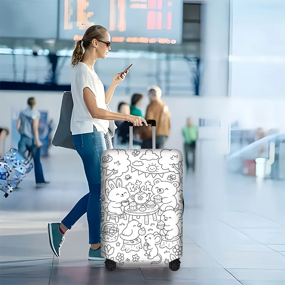 1PC Cute Animal Picnic Print Luggage Cover with Manual Doodle Colors. Fits luggage from 18-32 inches; dust and elastic travel ac
