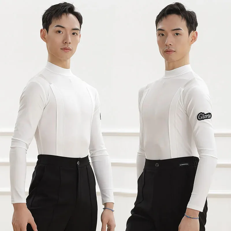 

2026 Men's Latin Top Long Sleeve White Dance Training Clothes Cha Cha Rumba Practice Costume Male Latin Dancewear Black VDL5262
