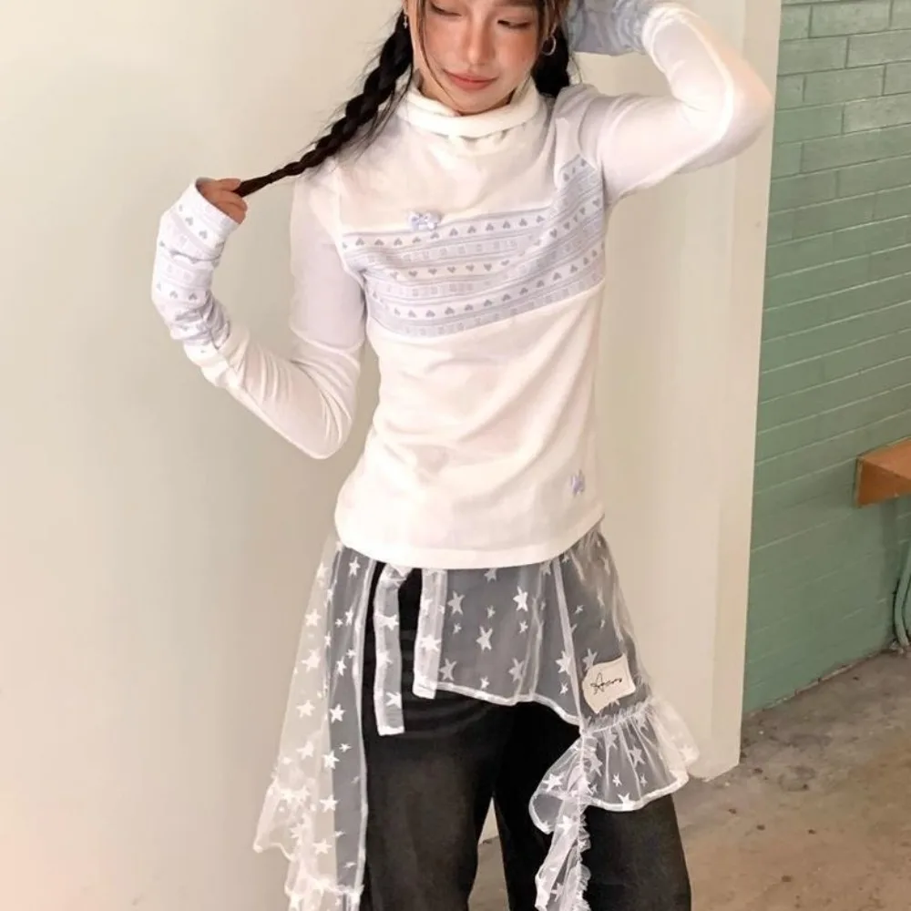 แฟชั่นStar Lace Miniกระโปรงสไตล์ญี่ปุ่นเอวสูงกระโปรงFairy Faldas Lace-Up Ruffled EdgeกระโปรงStreetwear