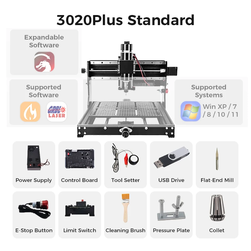High Precision 3020 plus CNC Wood Router 500W Spindle GBRL Control Linear Guide Engraving Milling Cutting Machine for Metal