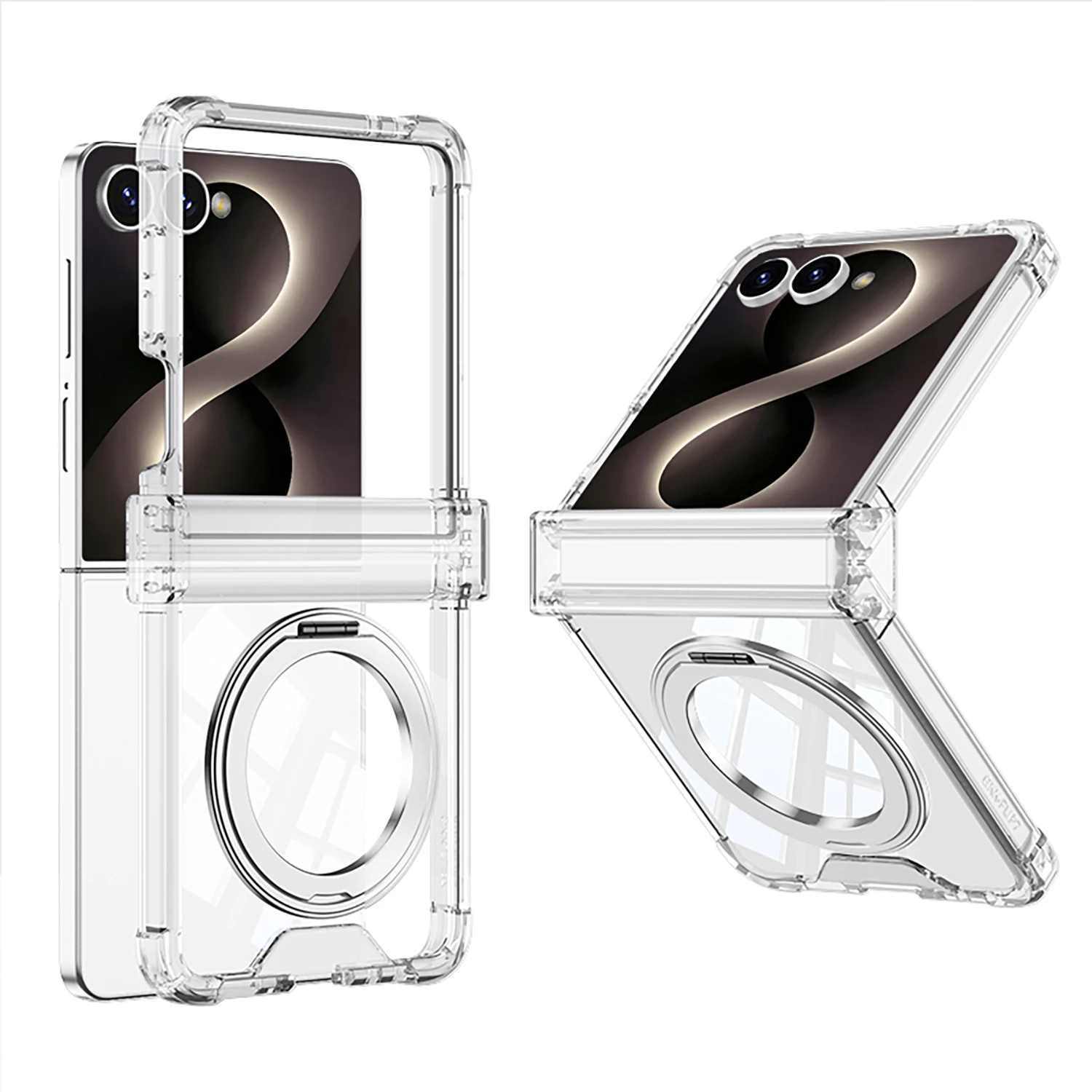For Samsung Galaxy Z Flip 8 Case Transparent Four Corner Anti Fall Protection Fold Hinge Hard Case Magnetic Rotating Ring Holder