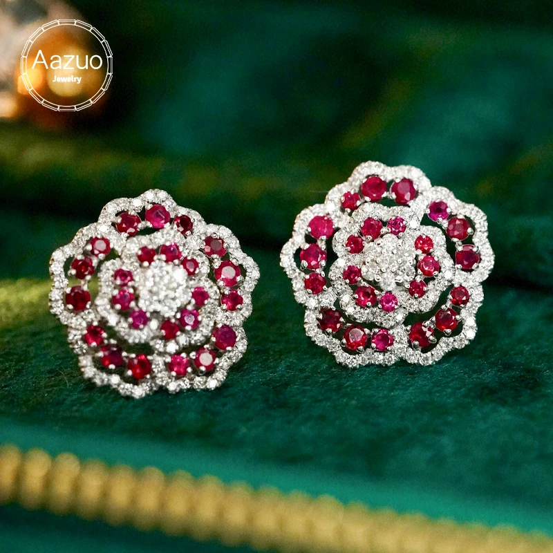 Aazuo High Jewelry 18k Gold Natural Ruby Real Diamonds Luxury Flower Stud Earrings Gifted For Women Engagement Wedding Party