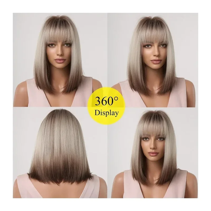 Perruque Synthétique Courte et Lisse avec Frange pour Femme, Cheveux Naturels à Reflets Bruns, Blonds Ombré, Bob, Cosplay, 03/Party