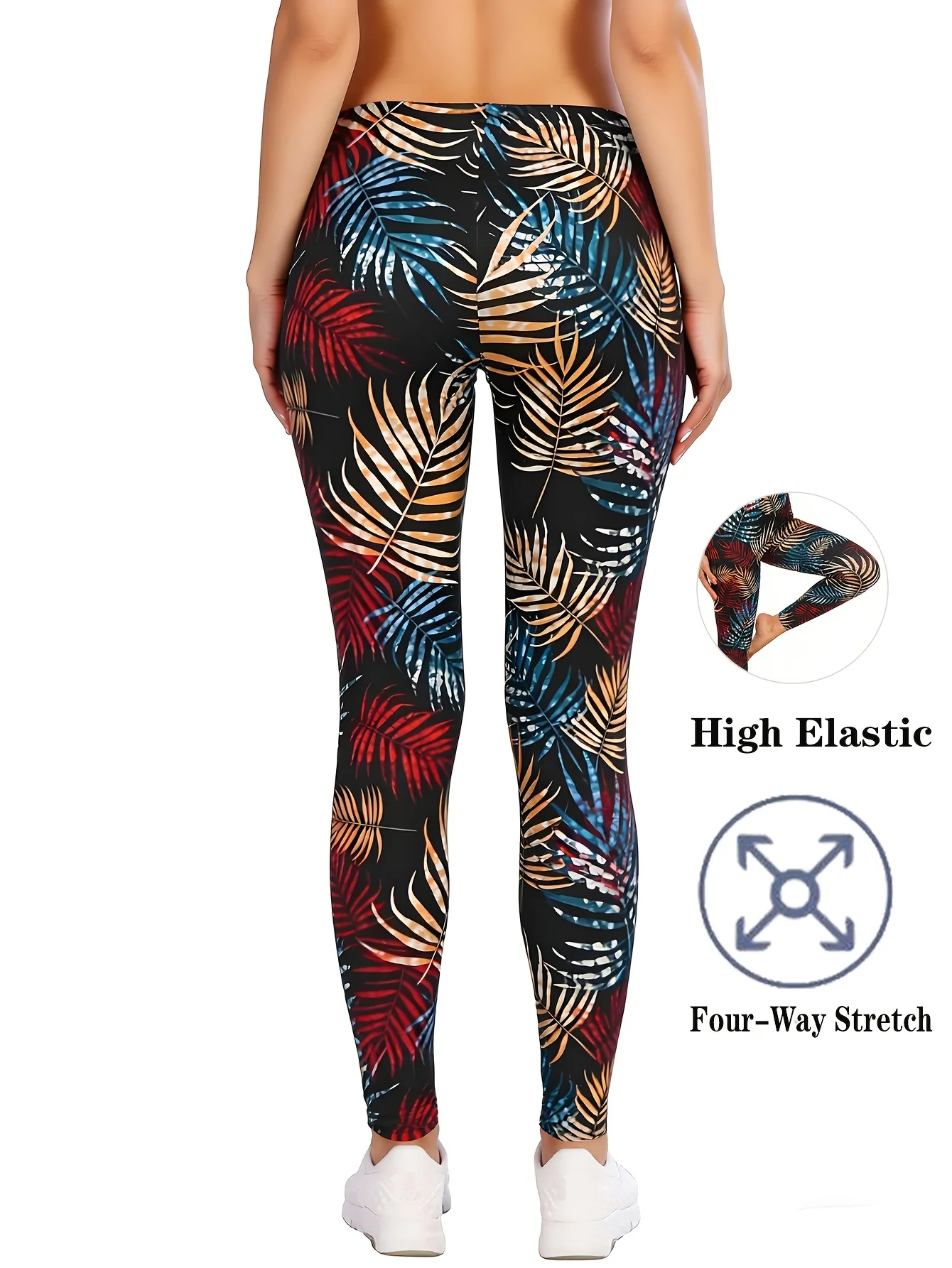 Women Mid‑Rise Fleece Lined Leggings Tropical Palm Leaf Print Soft Stretch Warm Ladies Yoga Casual Pants