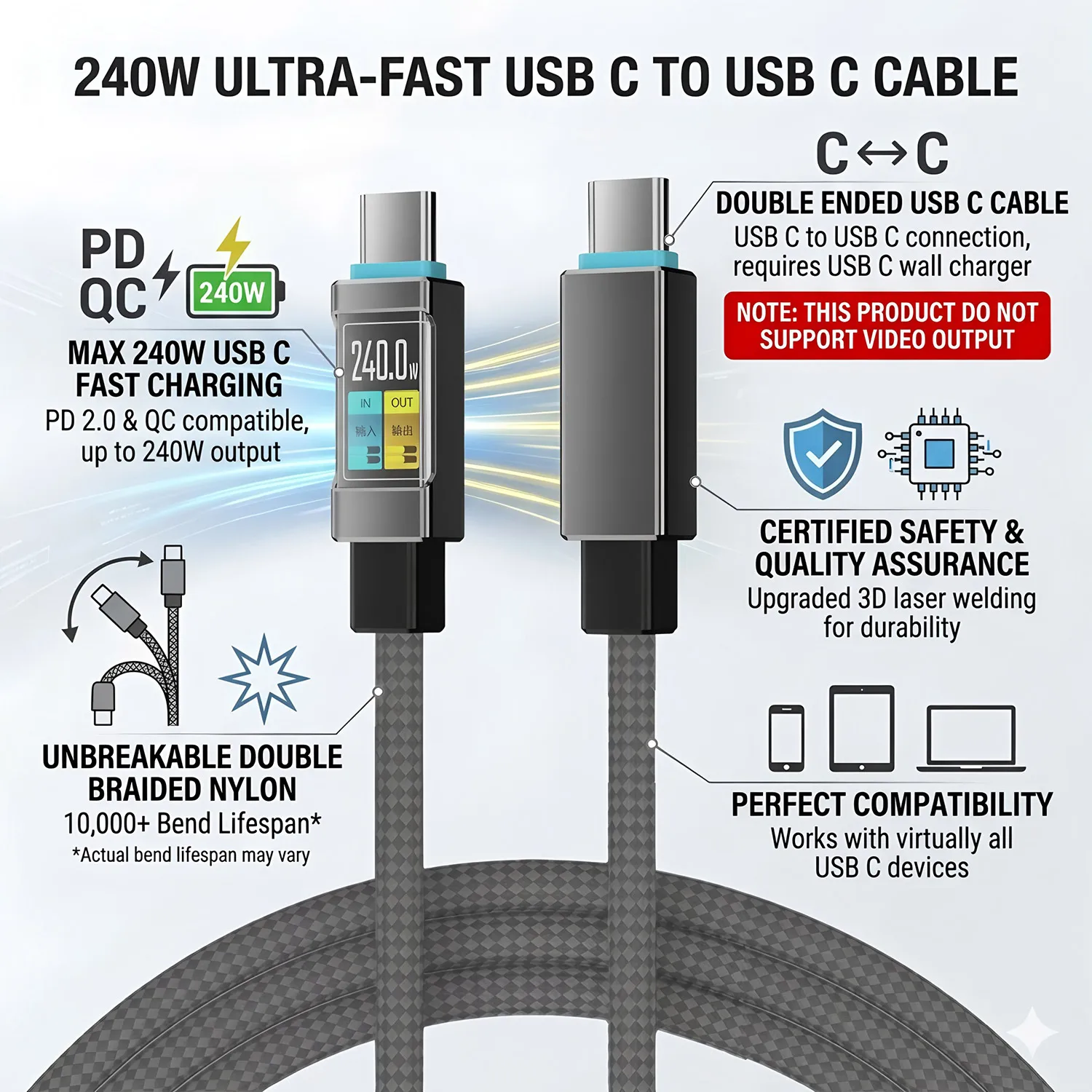 240W USB Type C To USB C Cable 240W PD Fast Charging Charger Wire For Macbook Pro Xiaomi Samsung Laptop USB C Charger Data Cord