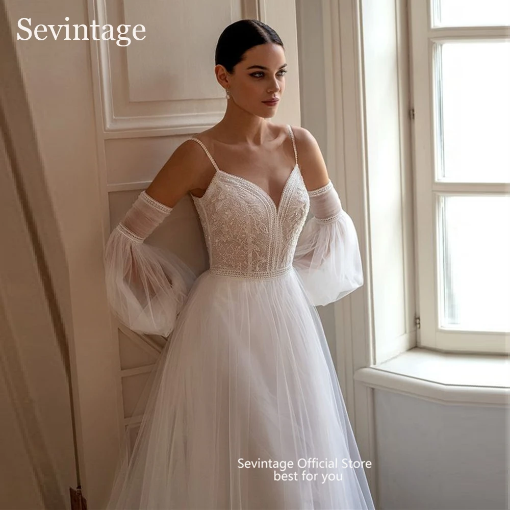 

Sevintage Boho длинное тюлевое свадебное платье на тонких бретельках с v-образным вырезом свадебное платье с пышными рукавами милое платье невесты с открытой спиной на заказ