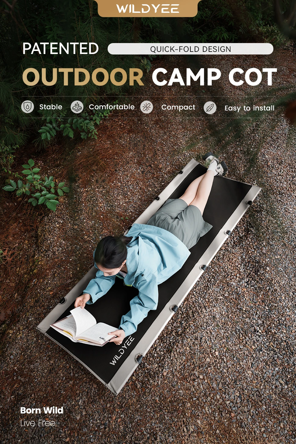 WILDYEE Campingliege mit Schnellaufbau, Faltbares Outdoor-Bett, Tragbare Kompakte Schlafliege für Camping, Outdoor-Reisen und Backpacking – Detail 1
