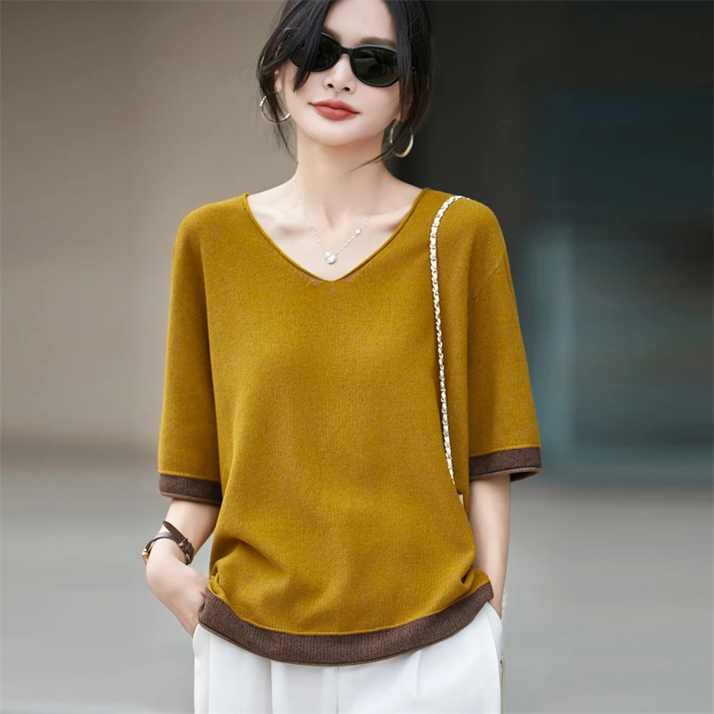 Summer New Women's Short Sleeve Casual V-neck Knitted T-shirt Women's Color blocked Pullover Short Sleeve Fashion Hot Sale