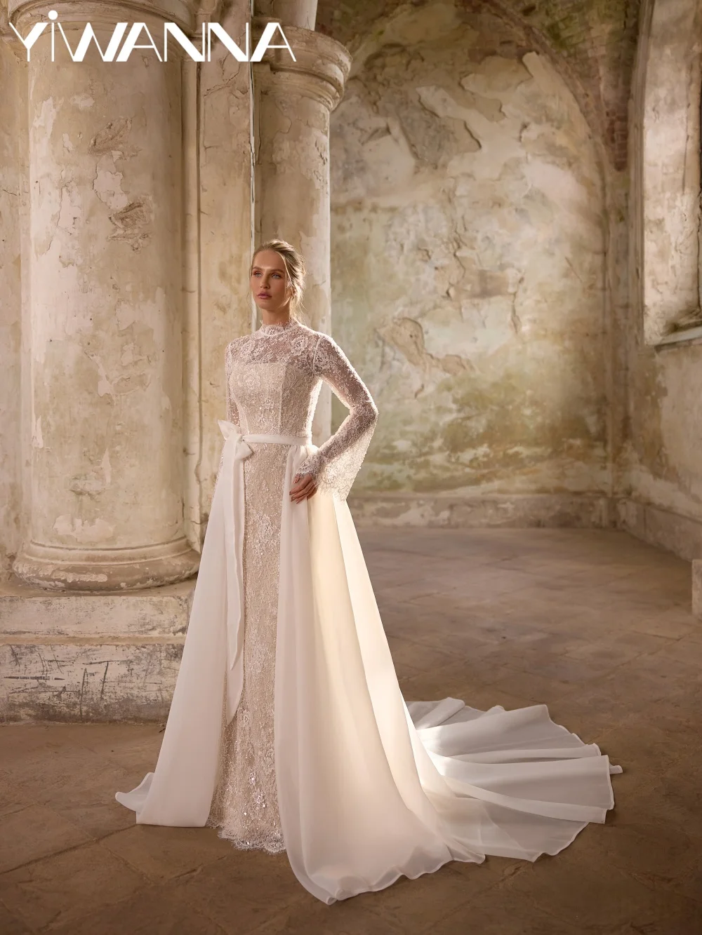 فستان زفاف دانتيل مطرز فخم ذيل قابل للانفصال حورية البحر فستان زفاف طويل مخصص فساتين متواضعة ذات ياقة عالية للعروس #1