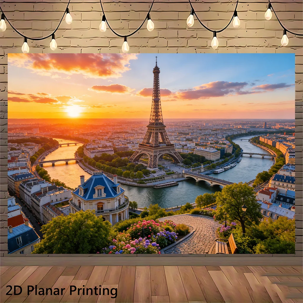 Paris Eiffel Tower Seine River Sunset View Tapestry 2D Flat Printing Wall Hanging Backdrop for Bedroom Living Room Decor France