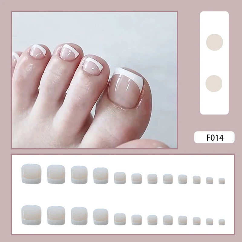 24Pcs กดบน Toenails ที่มีการออกแบบ Nude สีชมพูสีขาวภาษาฝรั่งเศสคำเคล็ดลับแบบถอดได้สแควร์เล็บปลอมสั้นชุดแฟชั่นศิลปะตกแต่งเล็บ