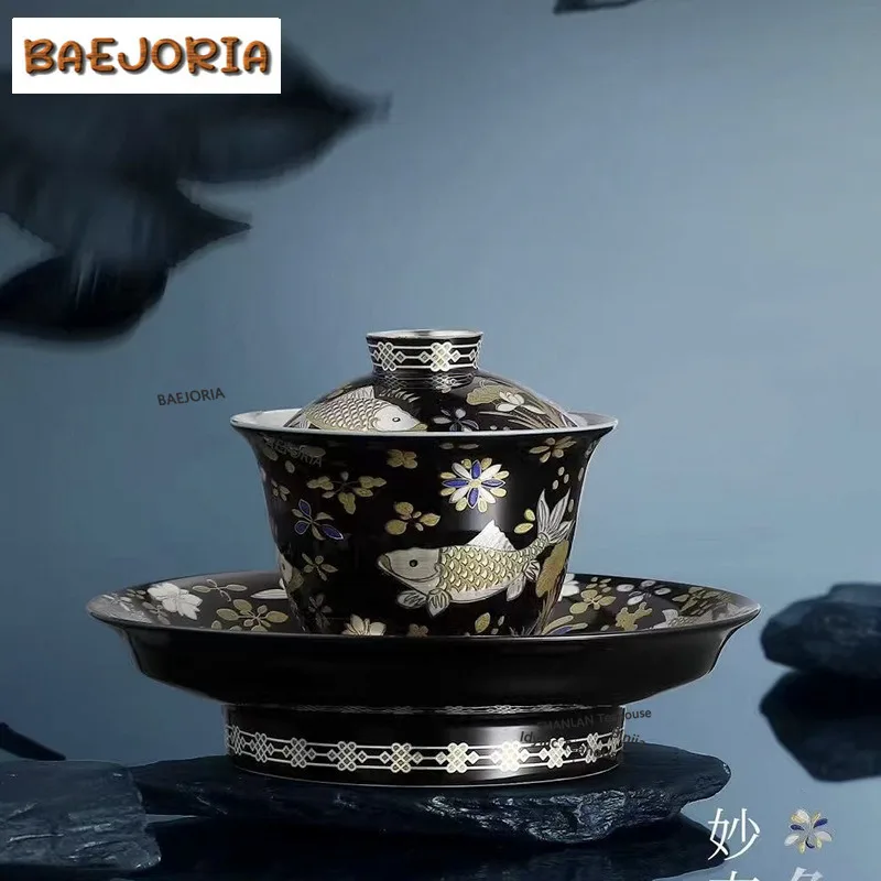 BAEJORIA Glod And Sliver Mix Fish Algae Pattern Cover Bowl Set Boutique Teapot Holder Zen Tea Ceremony Set 1 Bowl 4 Cups Teaware