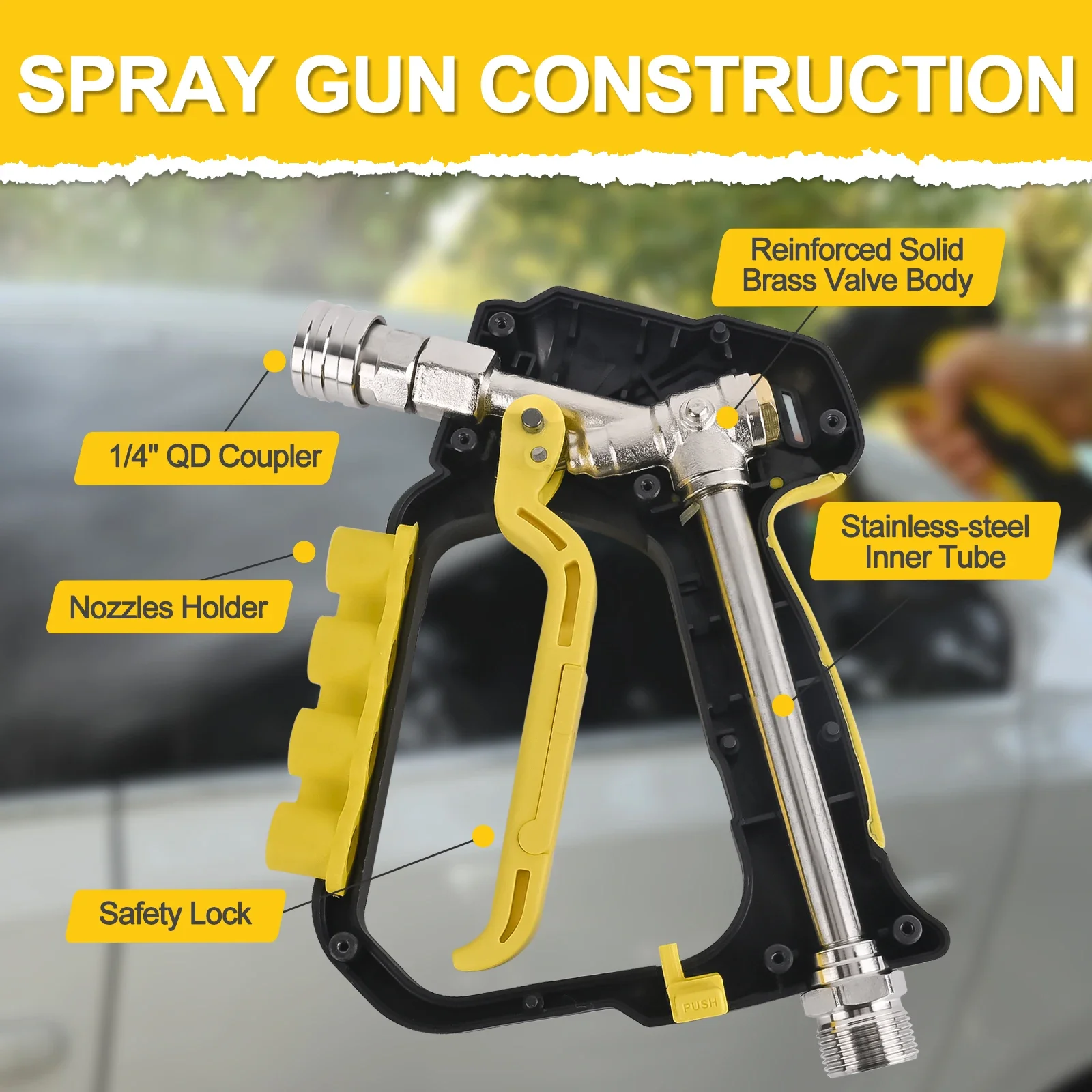 New High Pressure Washer Short Spray Gun Max 5000 PSI with Inlet M22-ID14mm & Outlet 1/4” Quick Connector & Nozzle Tips Holder